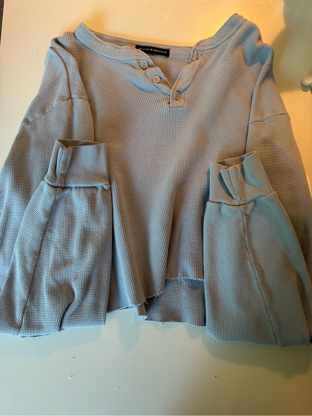 Brandy Melville/John Galt Waffle Knit Cropped Henley Top in Light Blue